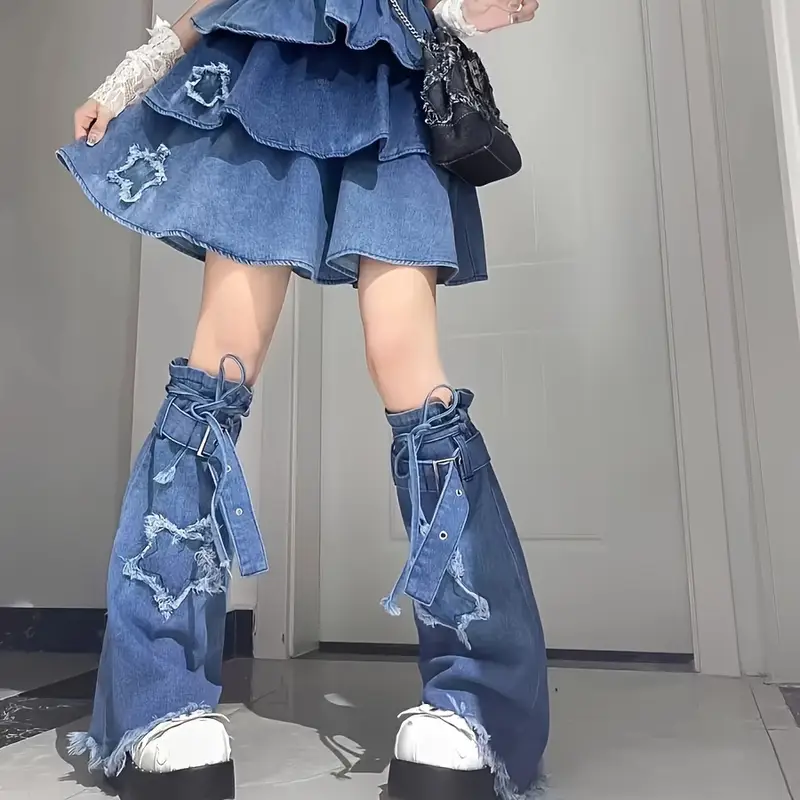 【in a row】Denim corset leg warmers women's y2k star patterned denim leg warmers high knee - Temu